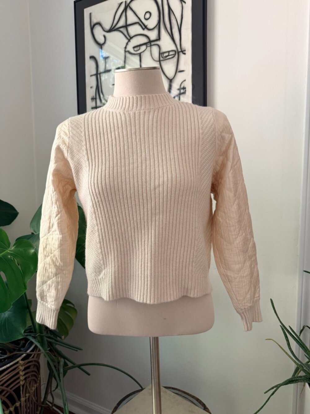 Current Air Cream Mixed Media Quilted Sleeve Sweater - Small